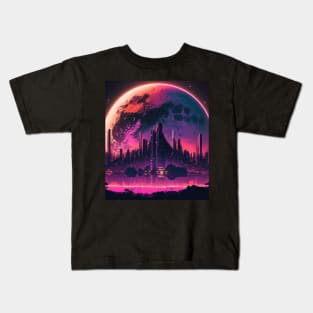 Full Moon Over Synthwave City Kids T-Shirt